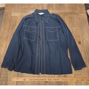 Vintage 70s Butterfly Collar Button-up Kmart Size L Navy Blue With White Thread